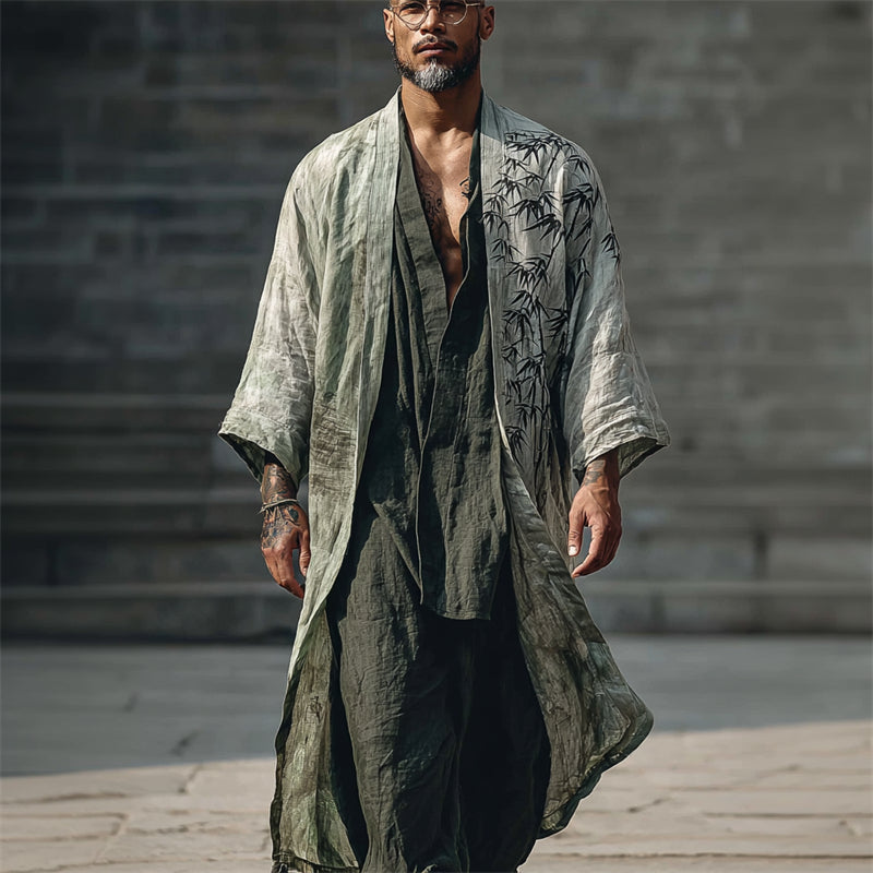 Men's Japanese Bamboo Art Flowy Linen Long Kimono