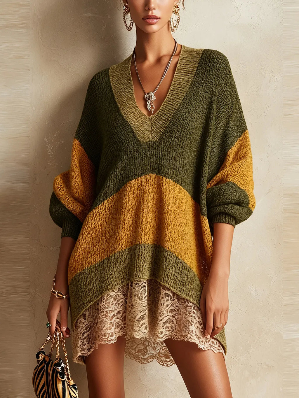 Olive Colorblock Lace Hem Knit Mini Dress