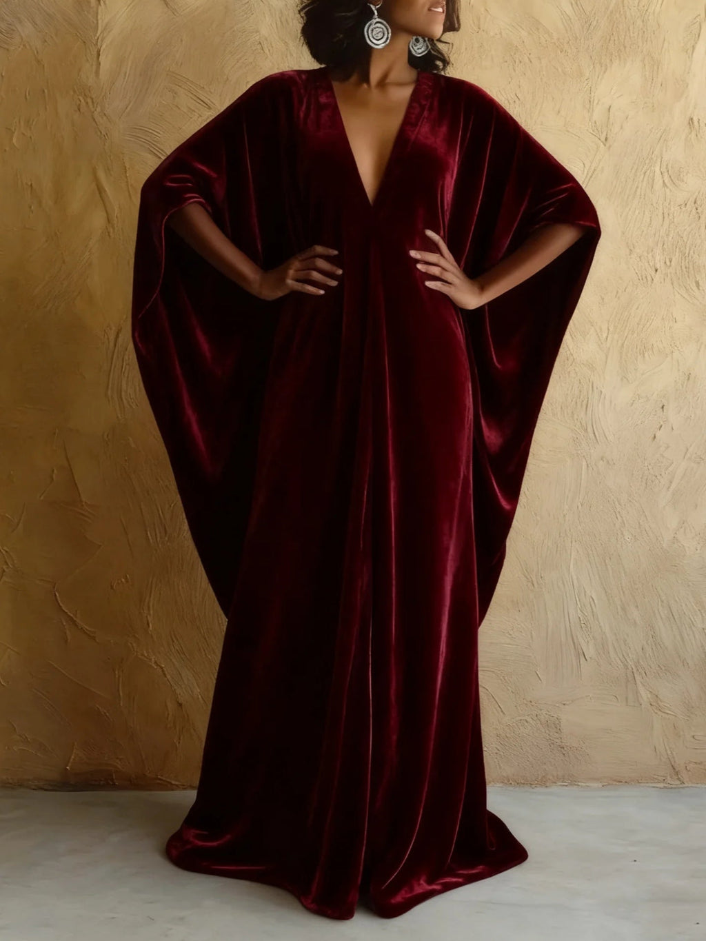 Burgundy Velvet Batwing Sleeve Long Robe Dress