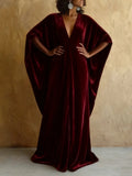 Burgundy Velvet Batwing Sleeve Long Robe Dress