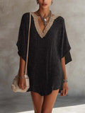 Black Shimmer Knit Mini Dress With Contrast Crochet V-Neck