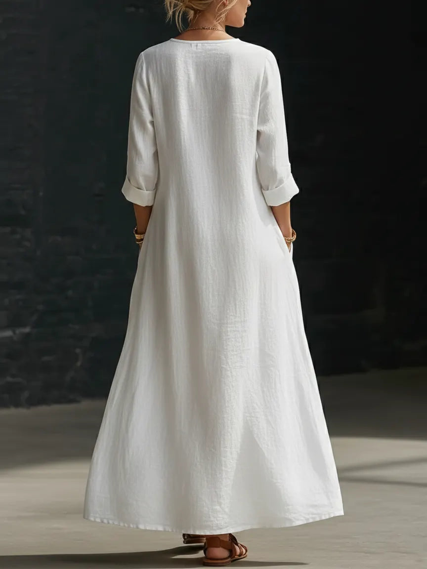 Minimalist Button-up V-neck Linen Dress