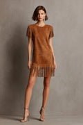 Women's Caramel Suede Fringe Short Sleeve Mini Dress