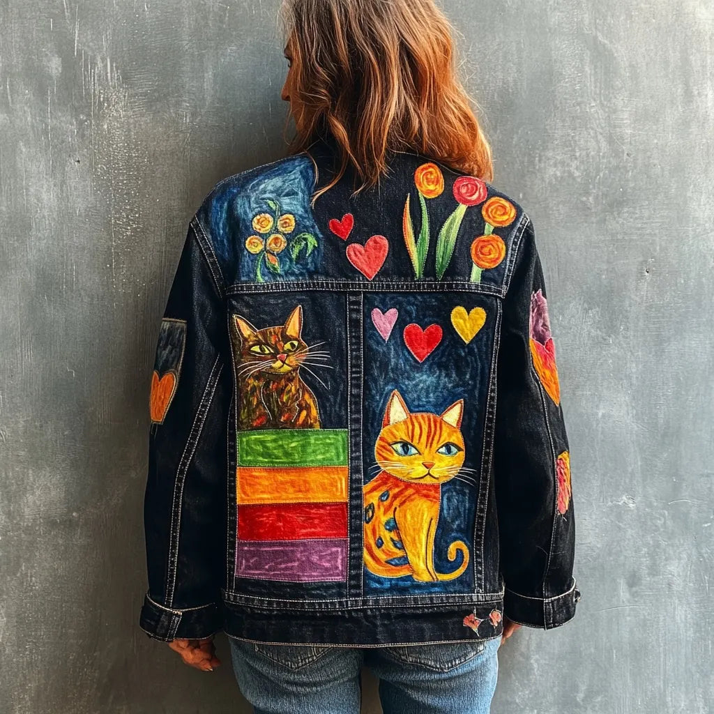 Women's Pop Art Cat Fun Pattern Denim Jacket
