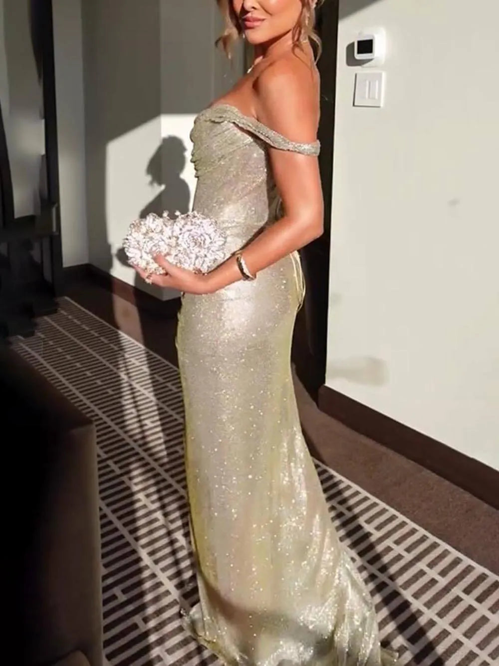 Exquisite Passion Party Sequined Off-The-Shoulder Pleated Slit Maxi Dress