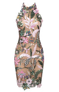 Floral Embroidered Sequin Dress Green Pink