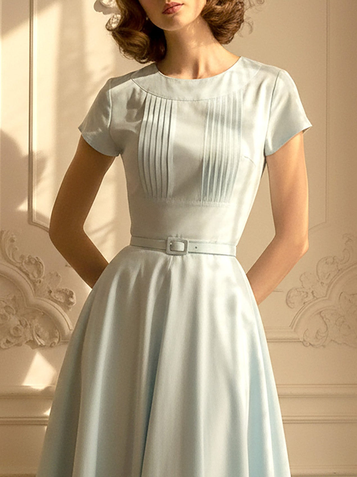 Midi Linen Dress, Short Sleeves, Round Neck, Plain, Belt Design, Vintage, Blue