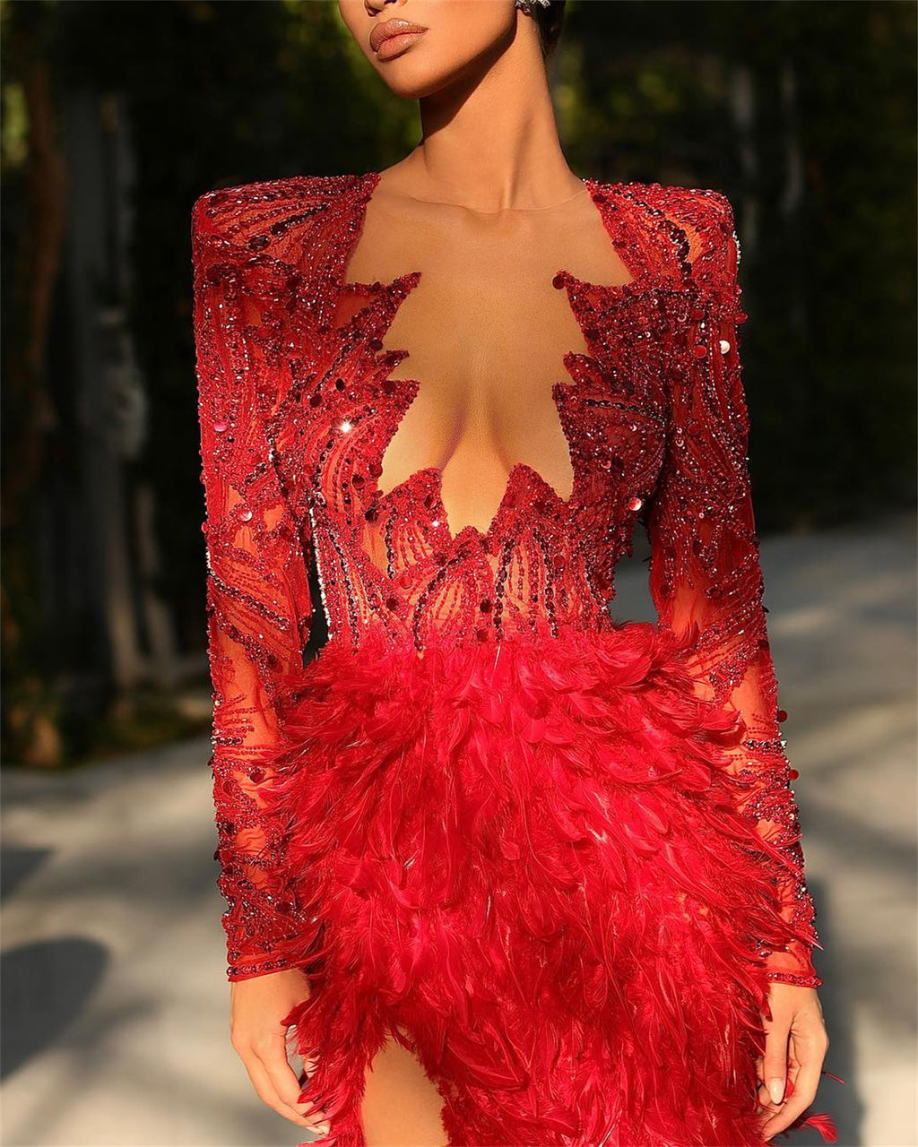 Women's Red Long Sleeve Slit Feather Dress