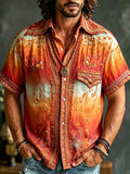 70s Hippie Gradient Music Embroidery Shirt Men Boho Paisley Short Sleeve Vacation Camp Shirt