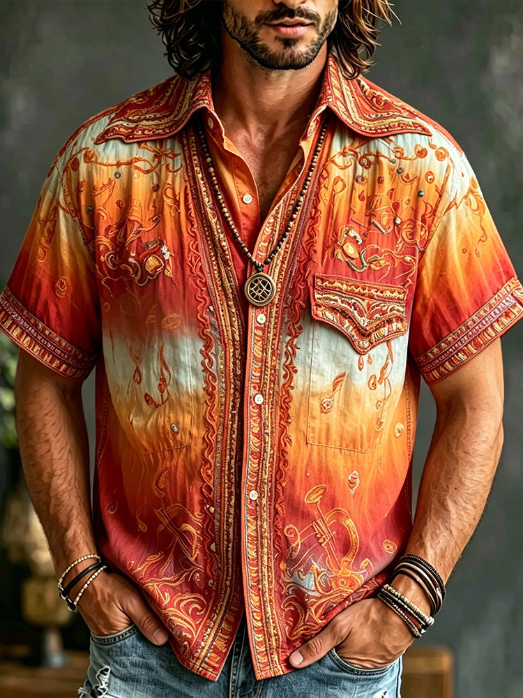 70s Hippie Gradient Music Embroidery Shirt Men Boho Paisley Short Sleeve Vacation Camp Shirt