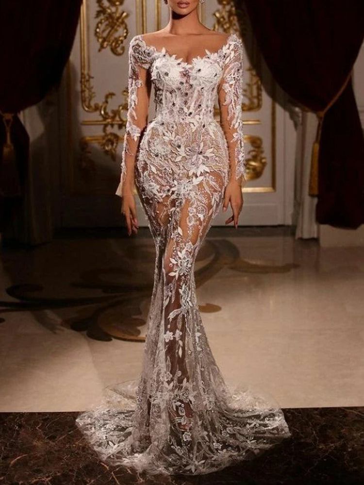 Sexy Lace Square-Neck Embroidered See-Through Wedding Maxi Dress