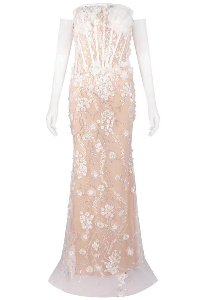 Strapless Floral Lace Sequin Maxi Dress White Nude