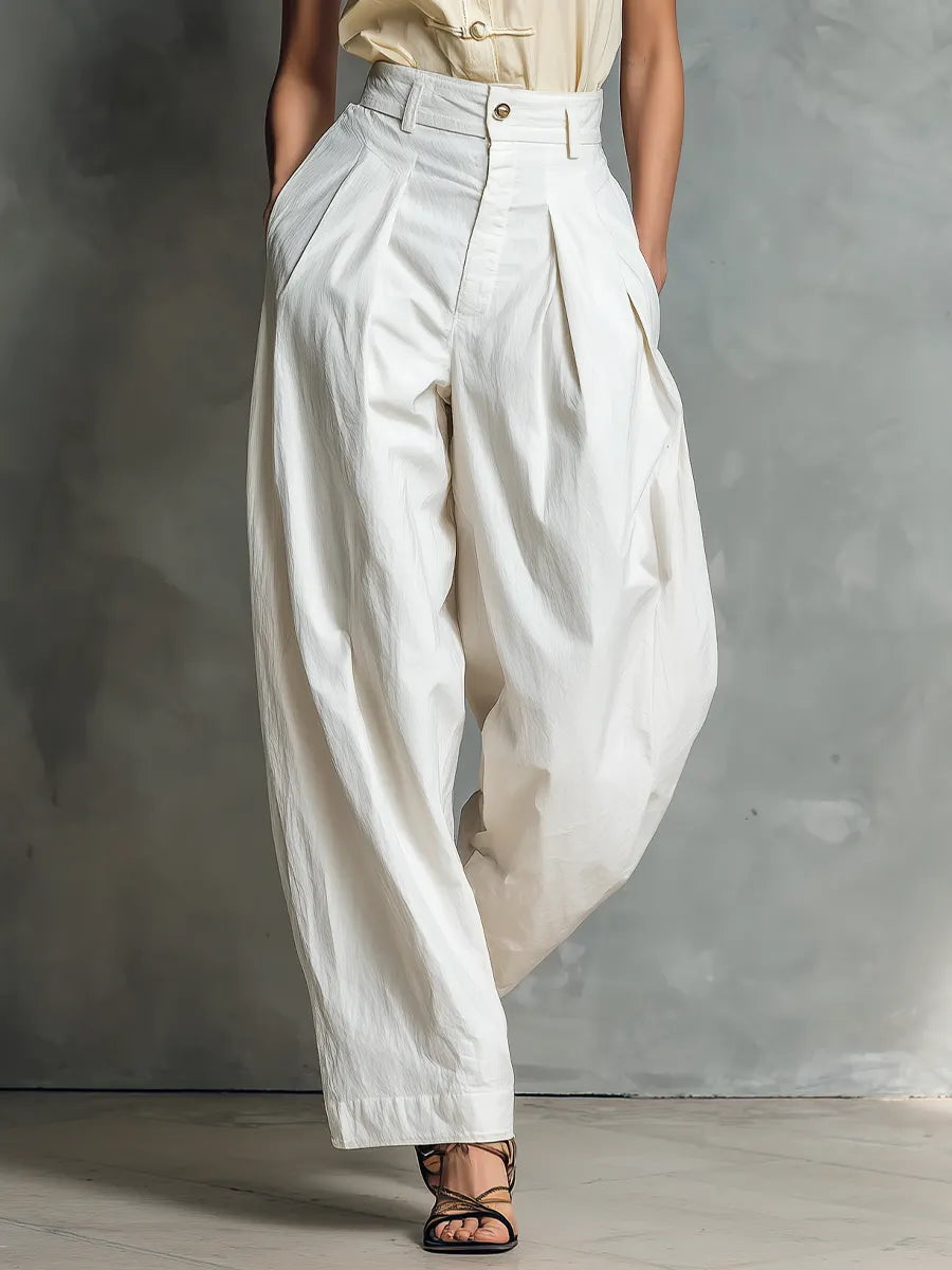 Women’s Cream Sleeveless Frog-Button Blouse & White High-Waisted Pleated Balloon Pants Two-Piece Set With Pockets MDZ2505D7T