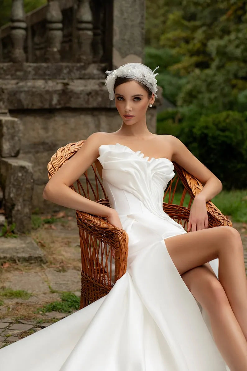 A-line wedding dress Firens, Satin wedding dress, Bridal gown, Ivory wedding dress,Wedding dress with slit