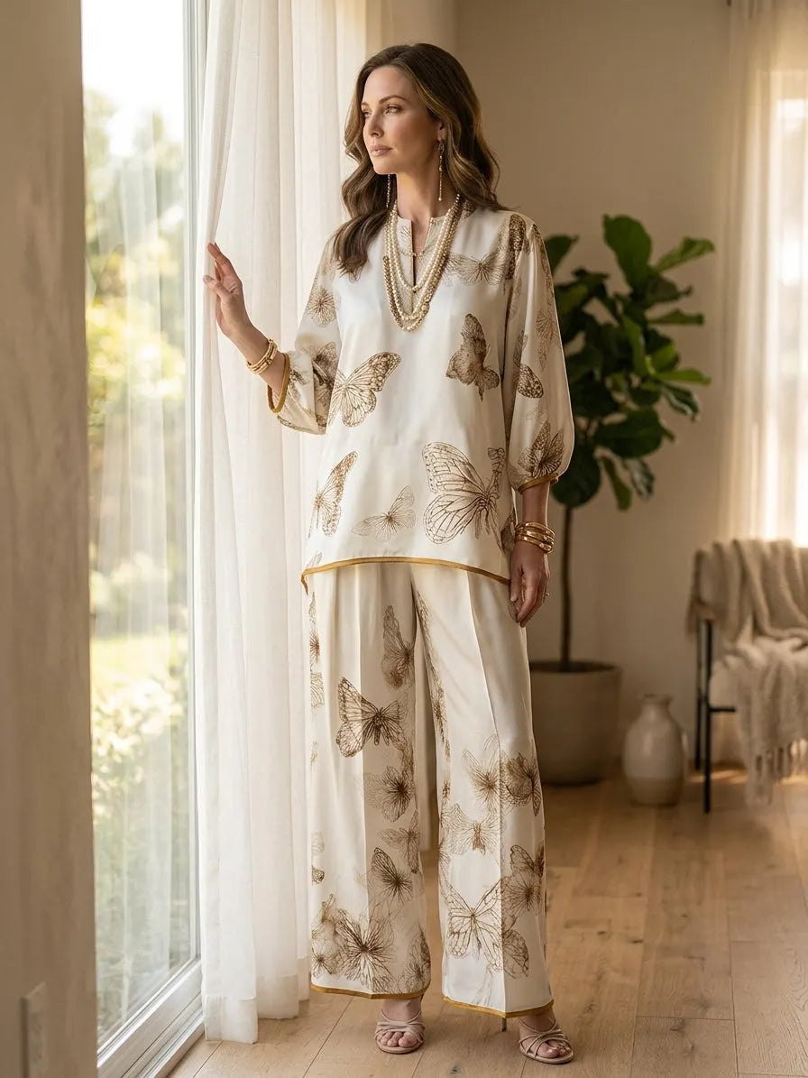 Ivory Satin V-Neck Butterfly-Print Top and Wide-Leg Trousers Set