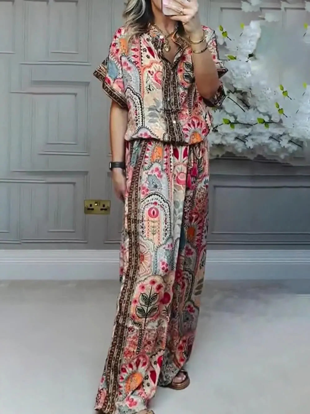 Boho Print Tassel Detail Casual Elastic Waist Pocket Wide-Leg Pants