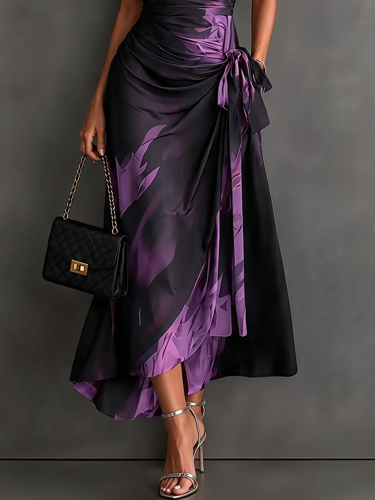 Red Black Abstract Print Wrap Midi Dress Collared V Neck Short Sleeve Tie Waist Ruffled High‑Low Hem Dress