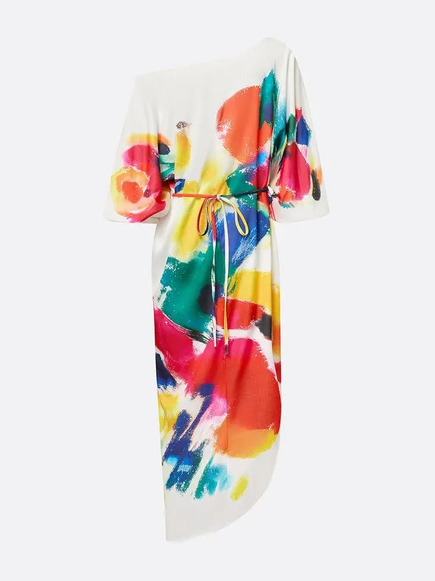 Casual Abstract Print H-Line Asymmetrical Maxi Dress With Belt