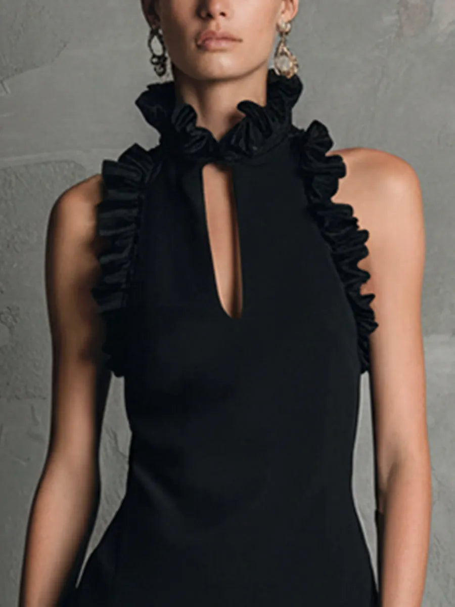 Black Ruffled High-Neck Sleeveless Mini Dress