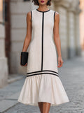 Contrast Trim Sleeveless Flared Hem Maxi Dress