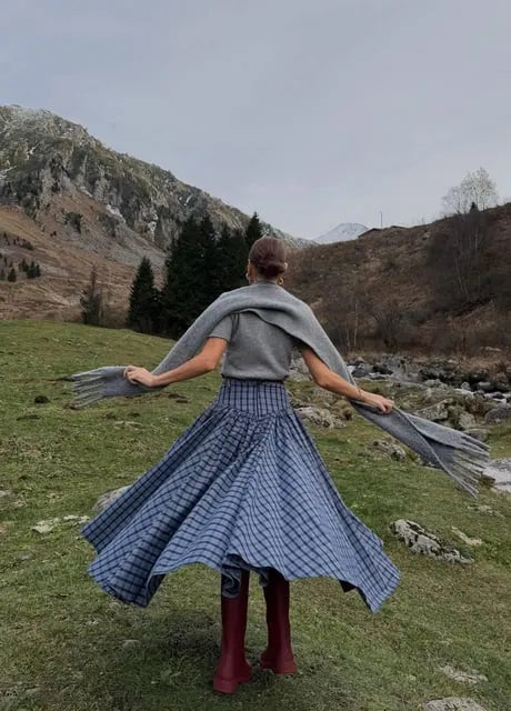 Navy Plaid High-Waist A-Line Skirt
