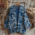 Retro Japanese Traditional Sashiko With Floral Art Print Cotton And Linen Blend Kimono Cardigan