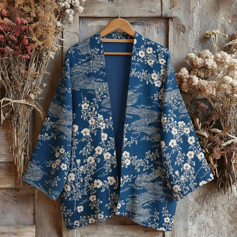 Retro Japanese Traditional Sashiko With Floral Art Print Cotton And Linen Blend Kimono Cardigan