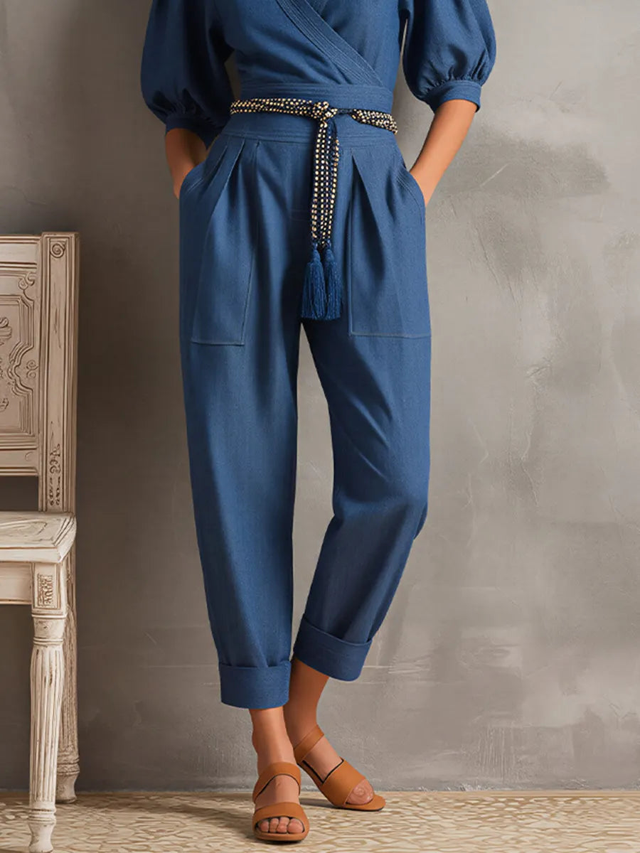 Women's Dark Blue Denim-Look Jumpsuit With Surplice Neck & Cuffed Ankles, Modern Effortless-Elegant Day Outfit MDZ2132D6LYL