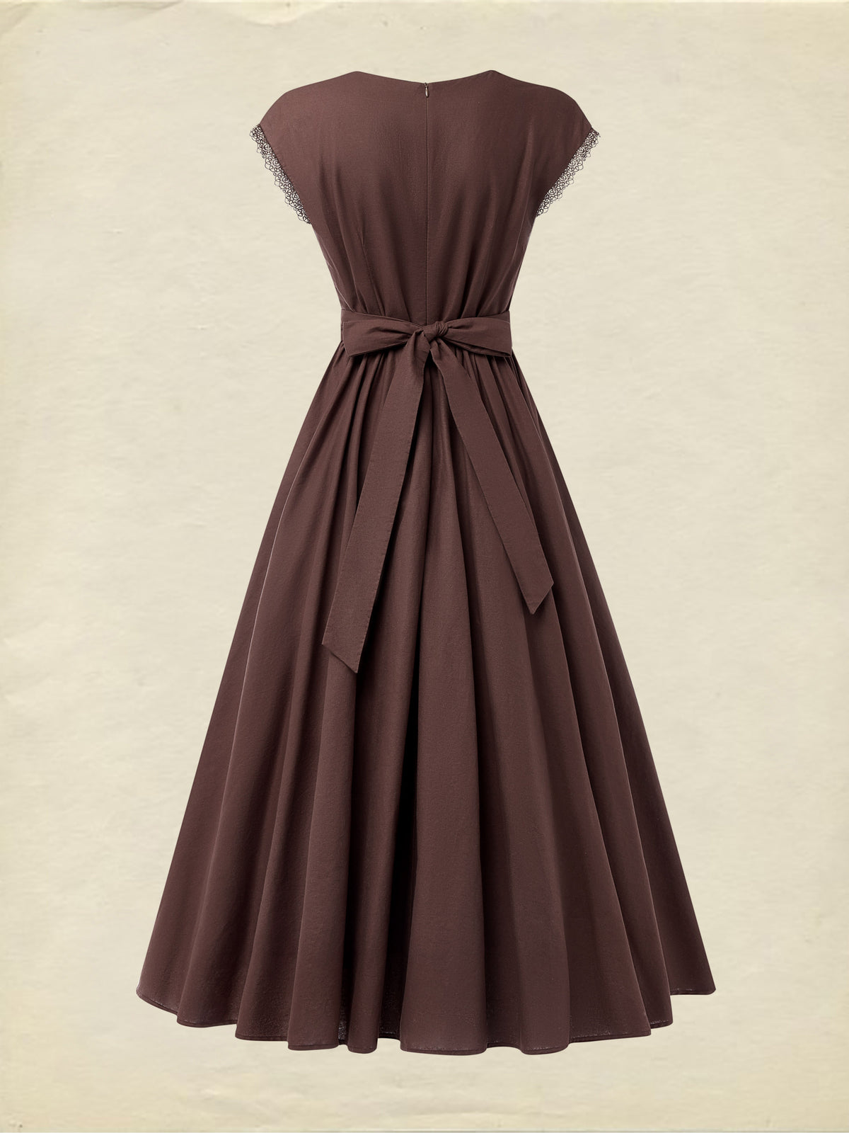 Linen Maxi Dress, Short Sleeve, Lace Collar, Plain, Vintage, CAMEO BROWN