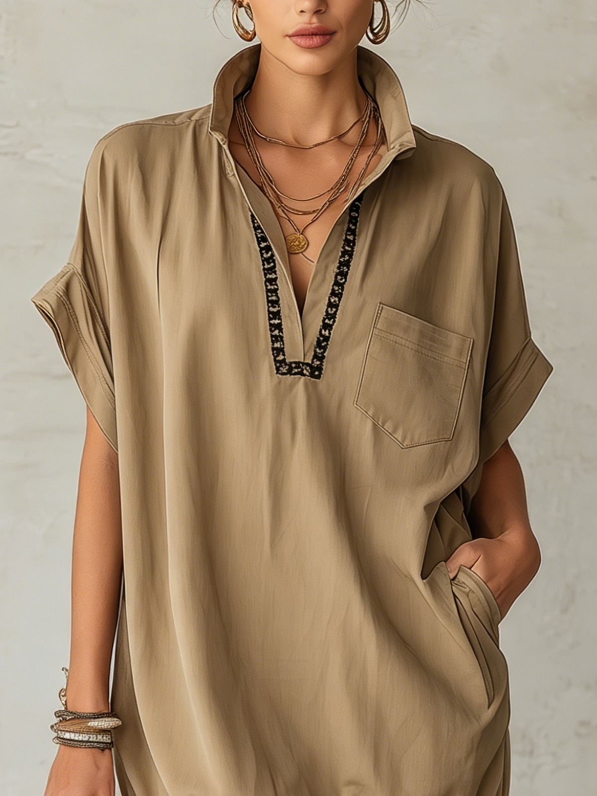 Khaki Drawstring Mini Dress With Ribbon Trim And Ruffled Hem