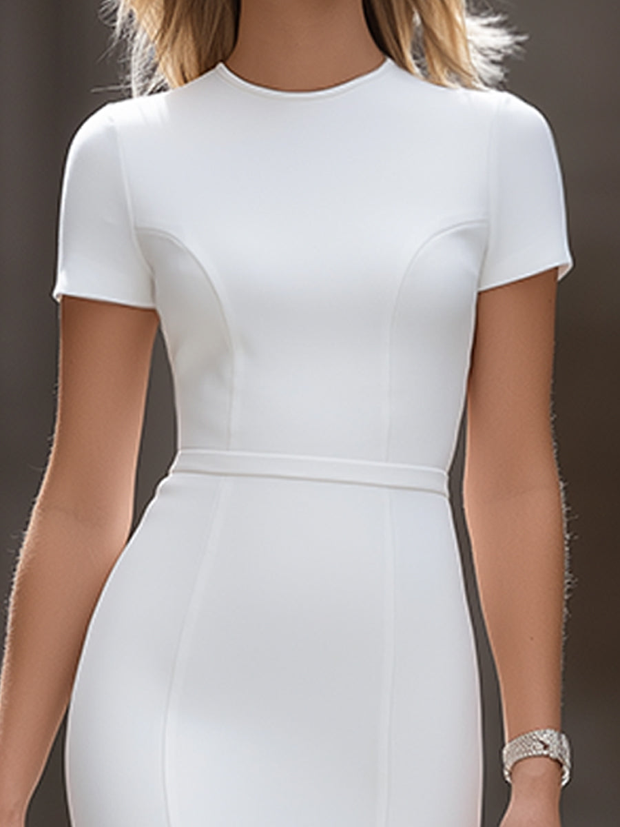 Short Sleeve Round Neck Mermaid Hem Structured Midi Dress