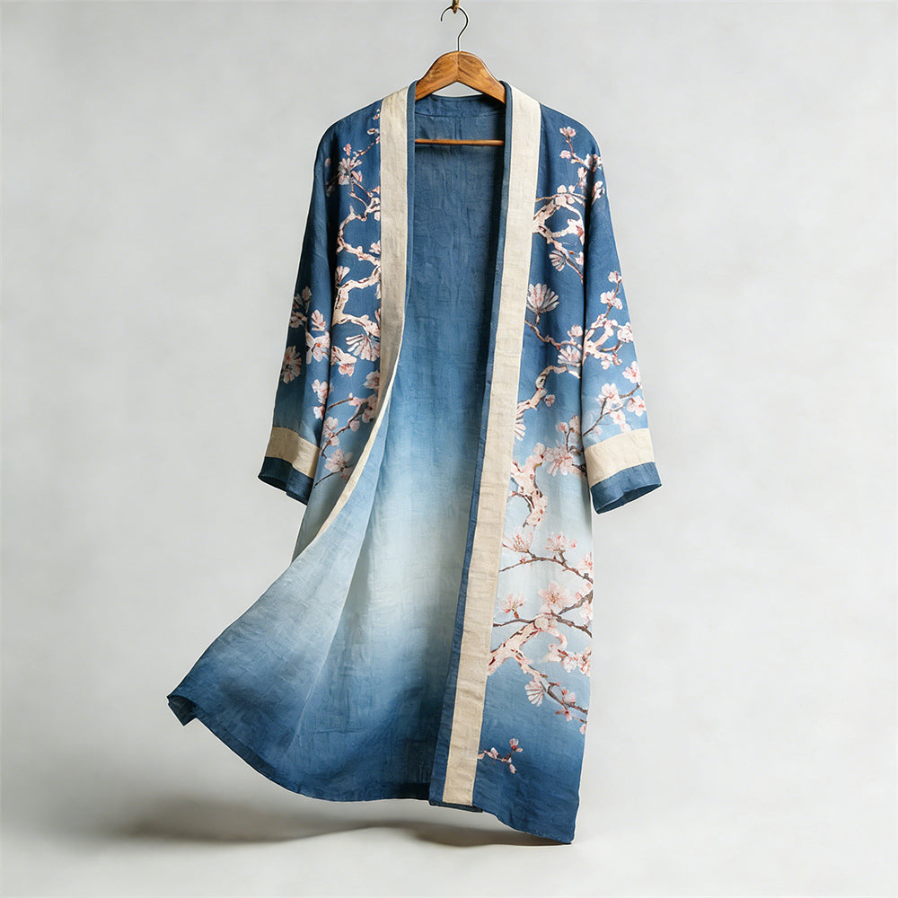 Retro Printed Art Linen Gradient Kimono
