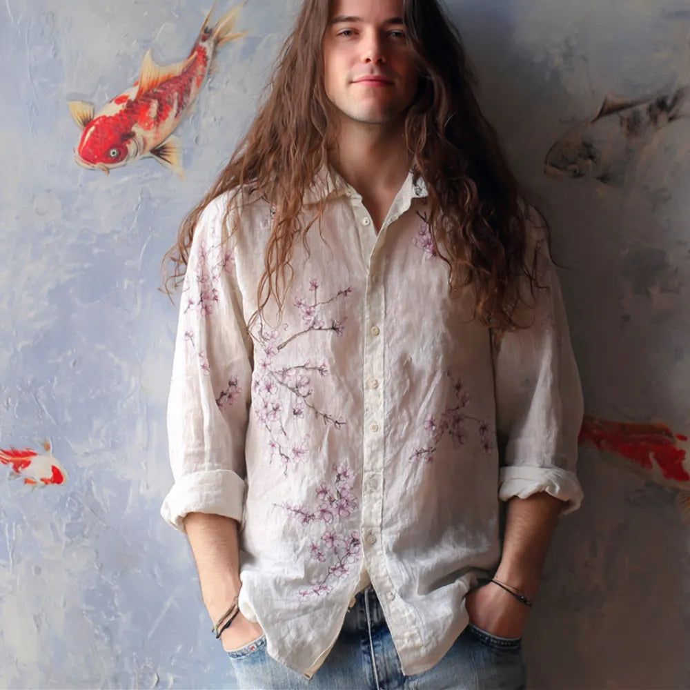 Men's Japanese Powder Purple Cherry Blossom Button-down Shirt
