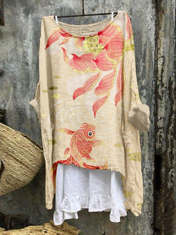 Lotus Flower And Carp Art Linen Blend Flowy Tunic