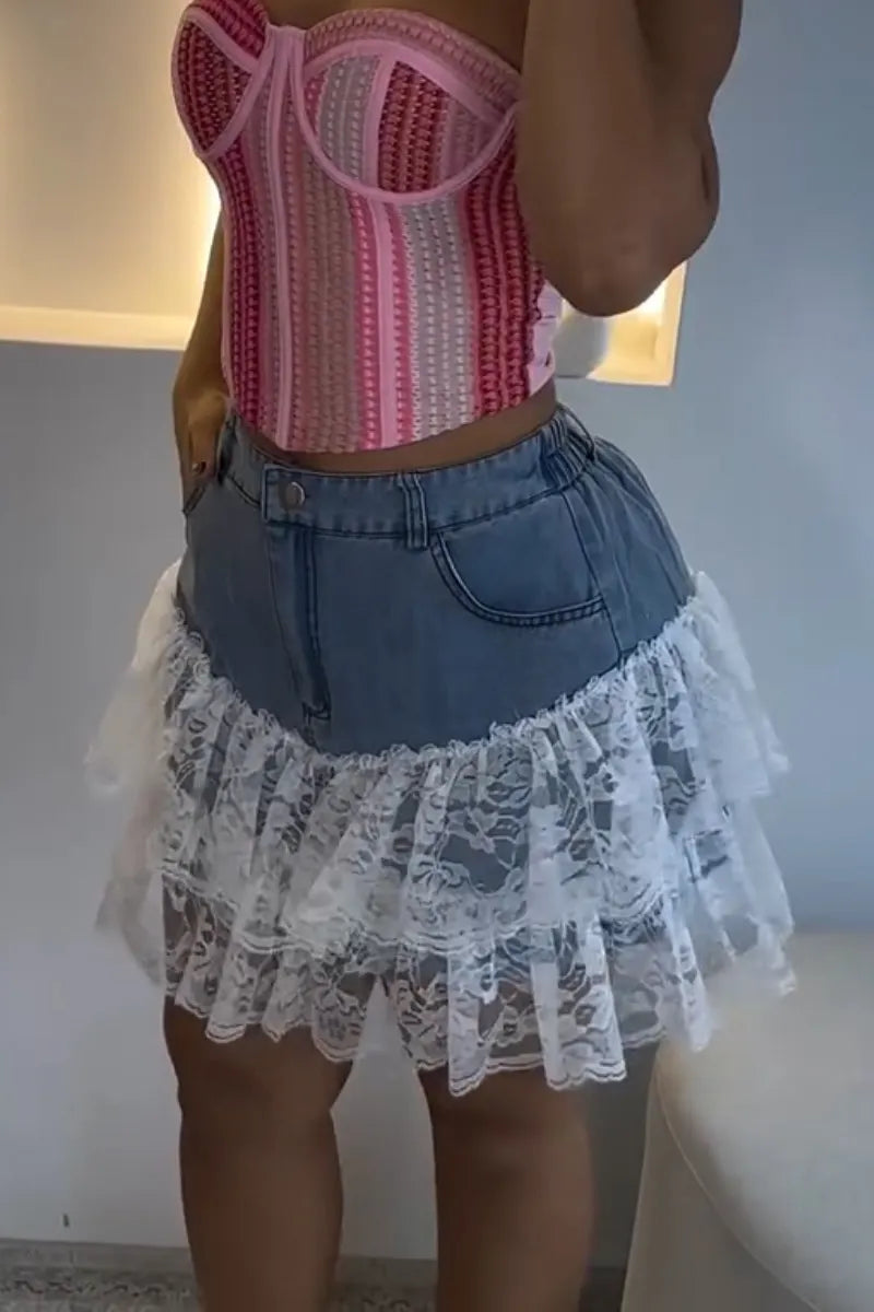 Women Denim Patchwork Lace Pattern Casual Skirt