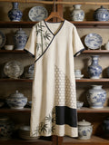 Japanese Bamboo Leaf Geometric Patchwork Women's Linen Short Sleeve Maxi Dress