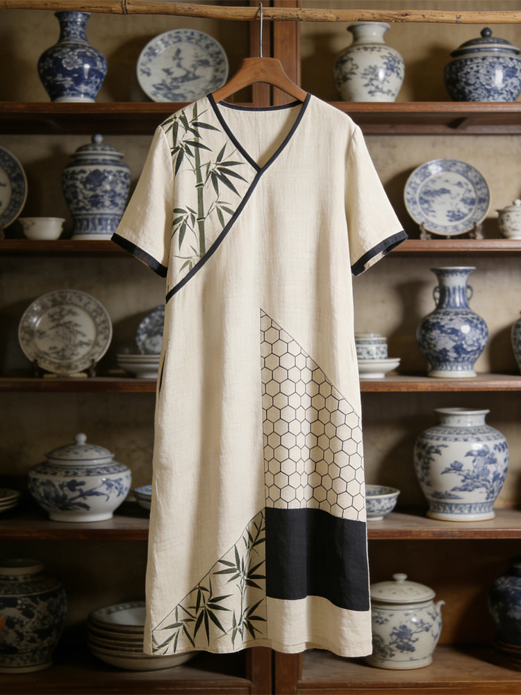 Japanese Bamboo Leaf Geometric Patchwork Women's Linen Short Sleeve Maxi Dress