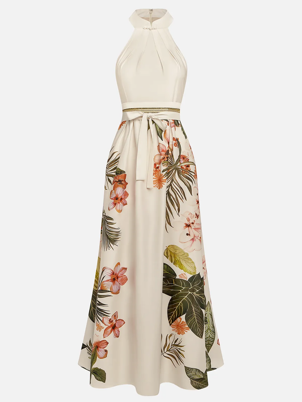Beige Bow Satin Halter Floral Sleeveless A-Line Maxi Dress