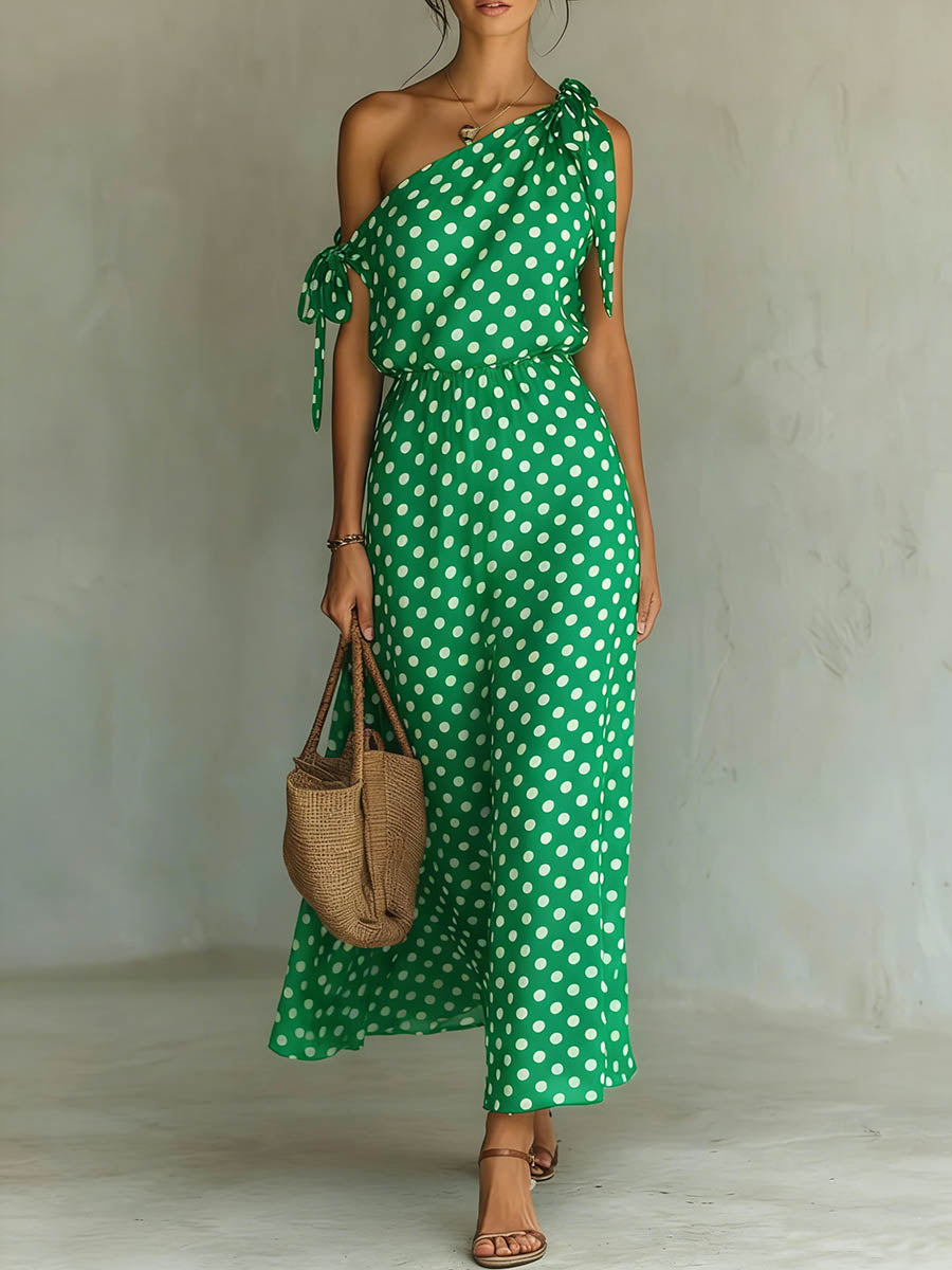 Women's Off-shoulder Sleeveless Casual Loose Polka Dot Print Dress