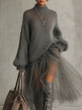 Women's Solid Color Knitted Turtleneck Mesh Dress