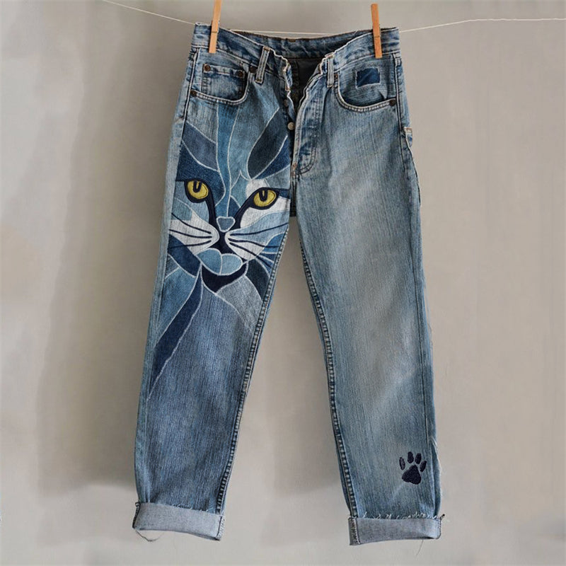Cat Face Geometric Patchwork Paw Print Embroidered Washed Jeans