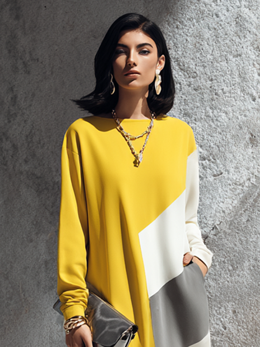 Women's Modern Elegant Yellow White Cotton Blend Color-Block Round Neck Long Maxi Dress MDZ2280G4GMJ