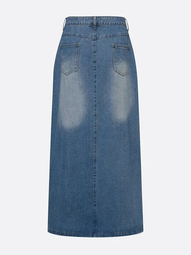 Casual Slit Plain Maxi Denim Skirt