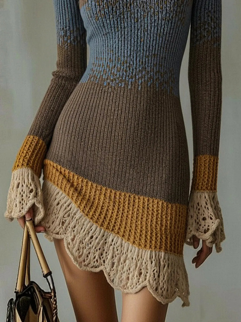 Multicolor Knit Mini Dress With Lace Ruffle Trim