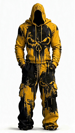 Men's Fashion Skull Contrast Color Embroidered Hoodie & Pants Two-Piece Set 2657