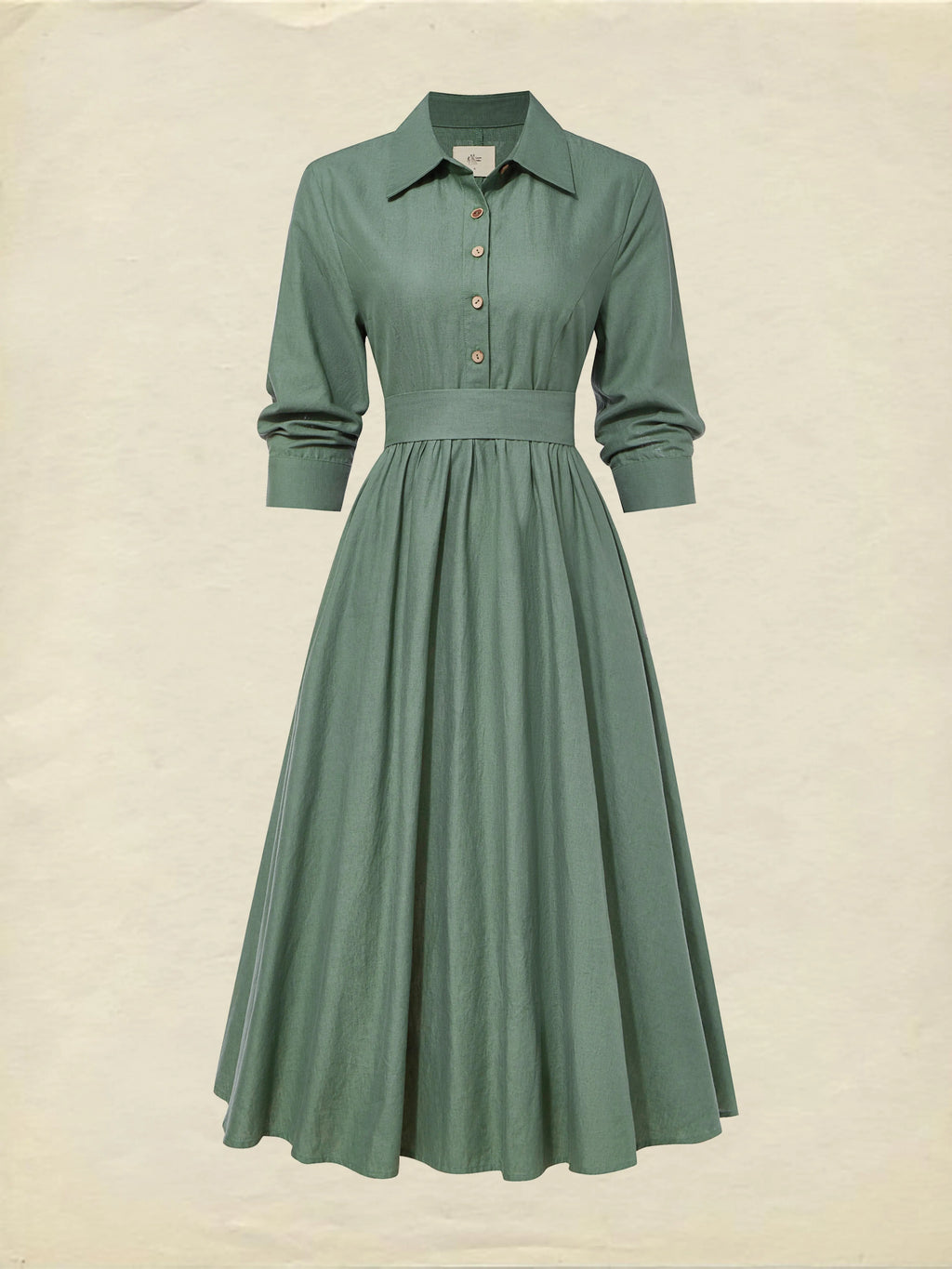 Midi Linen Dress, Half Sleeve,  Linen Blend, Plain, Renaissance, Green