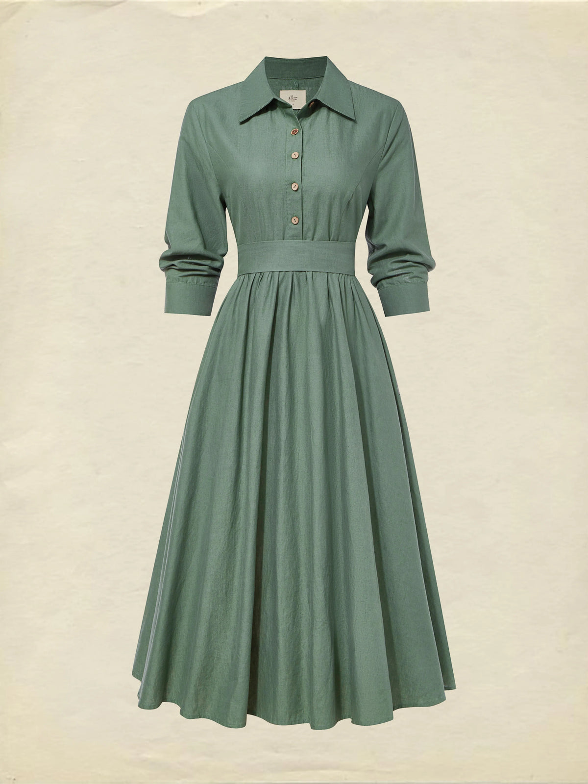 Midi Linen Dress, Half Sleeve,  Linen Blend, Plain, Renaissance, Green