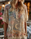 Women's Summer Vacation Star and Moon Theme Embroidered Linen Shirt 7b34