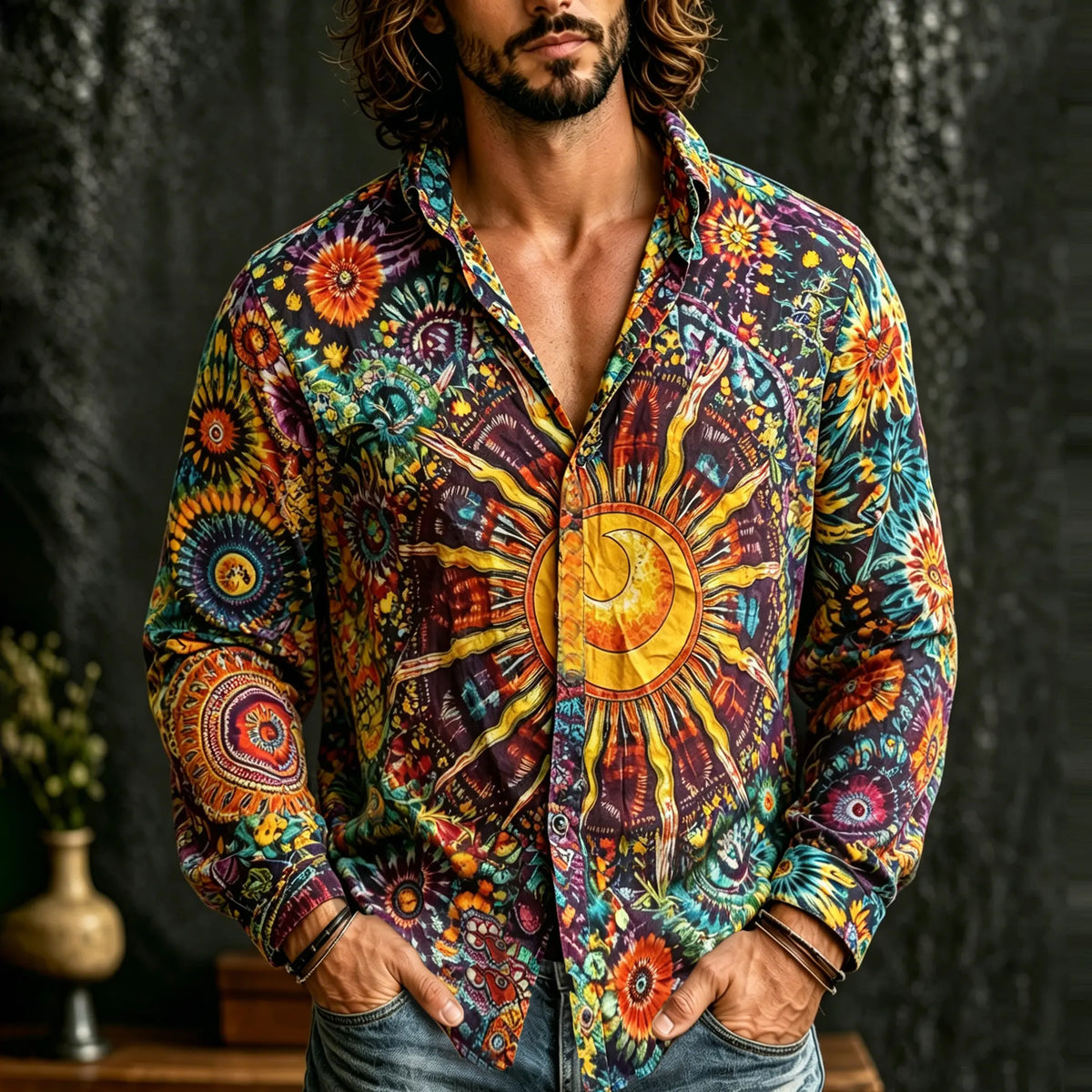 Men's Retro Sun And Moon Psychedelic Tie-dye Print Linen Blend Long Sleeve Shirt