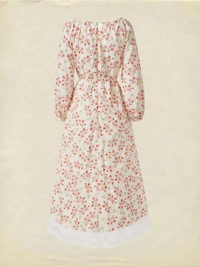 Cotton And Linen Floral Regular Fit Long Sleeve Elegant Dress, Pink